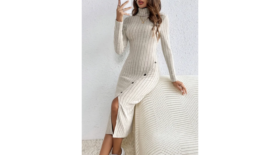 Elegantes beiges Rollkragen-Midikleid für Damen