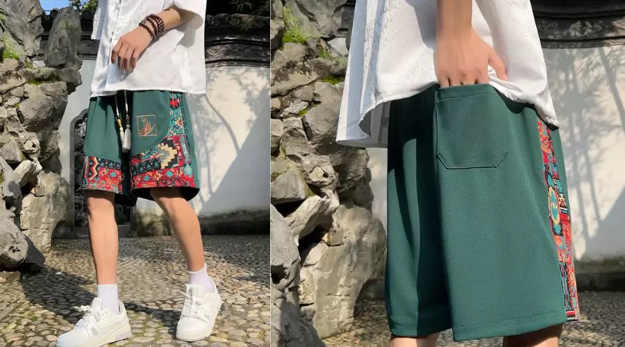 Lose Herren-Shorts mit ethnischem Stickerei-Grafikdruck