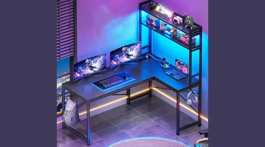 Platzsparender, umkehrbarer L-förmiger 45,3-Zoll-Computertisch in elegantem Schwarz mit LED-Beleuchtung, Ablageflächen und Haken